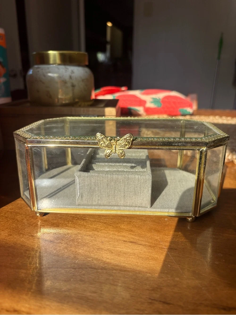 Gold Glass Jewelry Box with Butterfly Clasp - Gray Interior